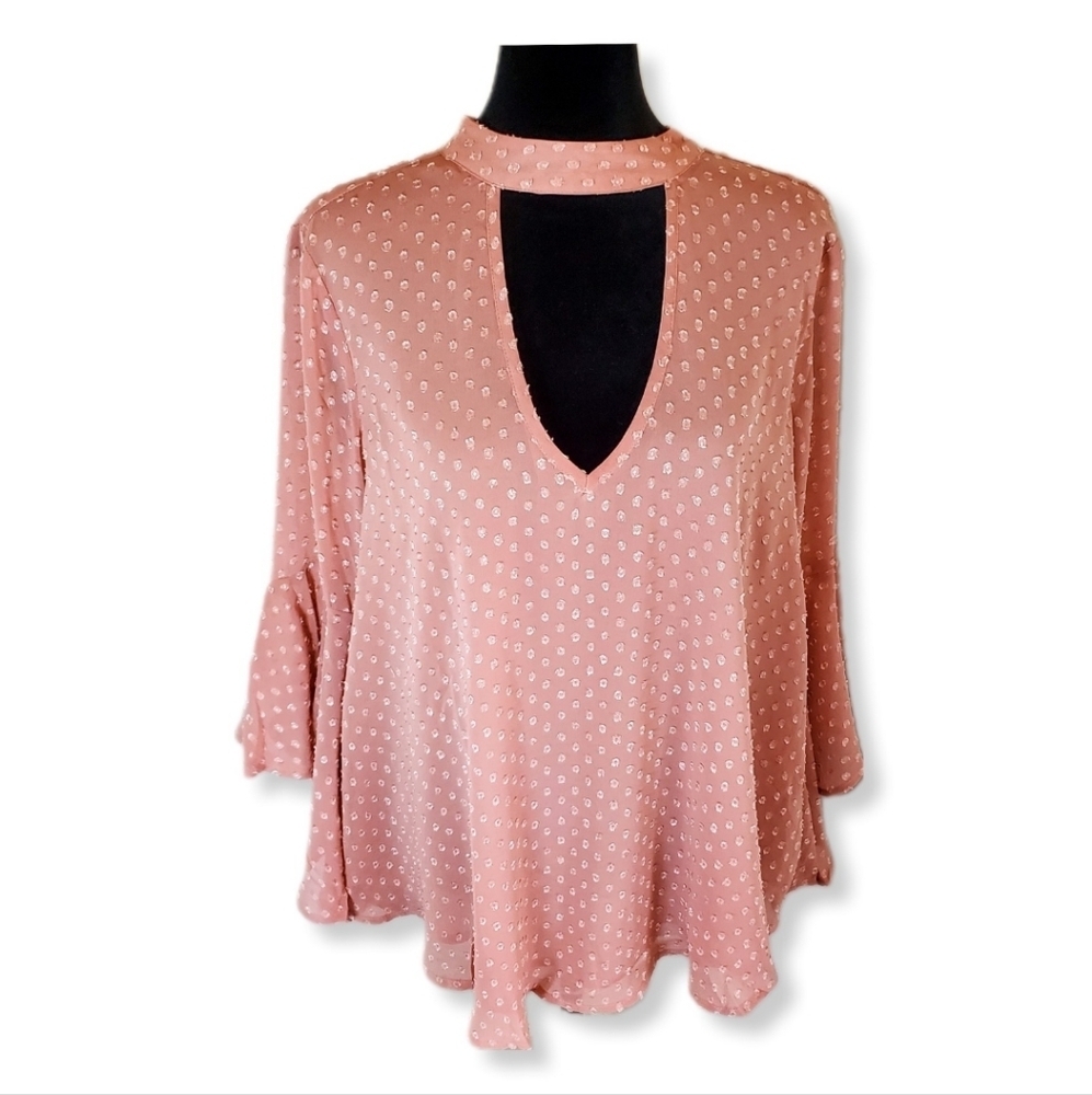 NWT Band of Gypsies Blush Pink V-Neck Swiss Dot Bell Sleeves Blouse Sz S